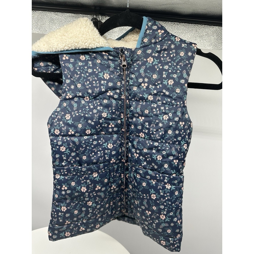 COPPER KEY Floral Print Puffer Vest Hood Girls 7/8 EUC Blue Full Zip Pockets